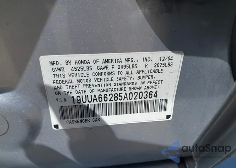 2005 Acura Tl из США, поврежденный, VIN 19UUA66285A020364